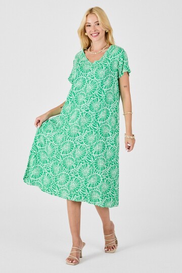 Yeşil Derin V Yaka Kısa Kollu Çizgi Desenli Midi Boy Elbise