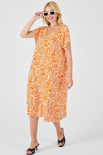 Turuncu Beyaz Derin V Yaka Kısa Kollu Çizgi Desenli Midi Boy Elbise