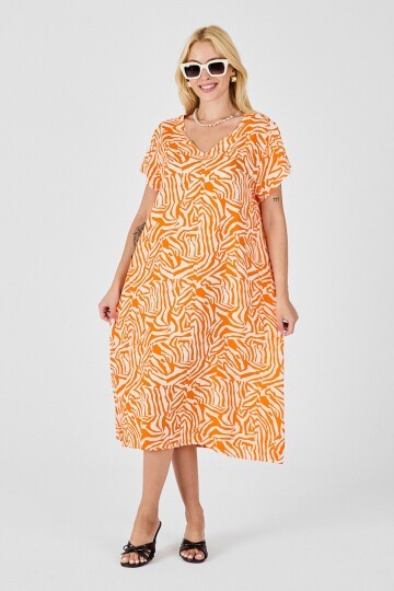 Turuncu Beyaz Derin V Yaka Kısa Kollu Çizgi Desenli Midi Boy Elbise