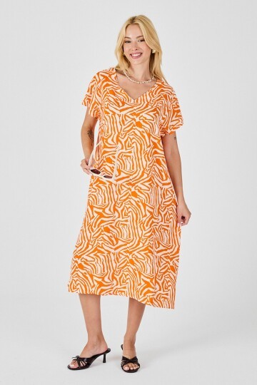 Turuncu Beyaz Derin V Yaka Kısa Kollu Çizgi Desenli Midi Boy Elbise