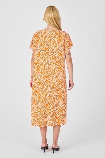 Turuncu Beyaz Derin V Yaka Kısa Kollu Çizgi Desenli Midi Boy Elbise