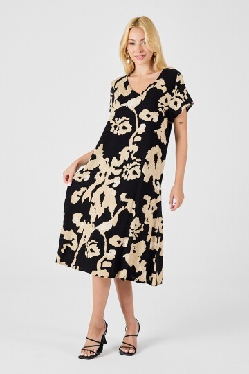 Ekru-Siyah Derin V Yaka Yırtmaçlı Desenli Midi Boy Elbise