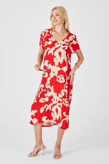 Mercan Derin V Yaka Yırtmaçlı Desenli Midi Boy Elbise