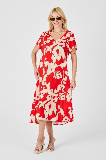 Mercan Derin V Yaka Yırtmaçlı Desenli Midi Boy Elbise