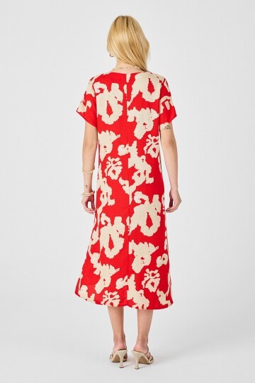 Mercan Derin V Yaka Yırtmaçlı Desenli Midi Boy Elbise