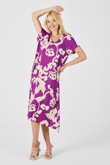 Mor Derin V Yaka Yırtmaçlı Desenli Midi Boy Elbise