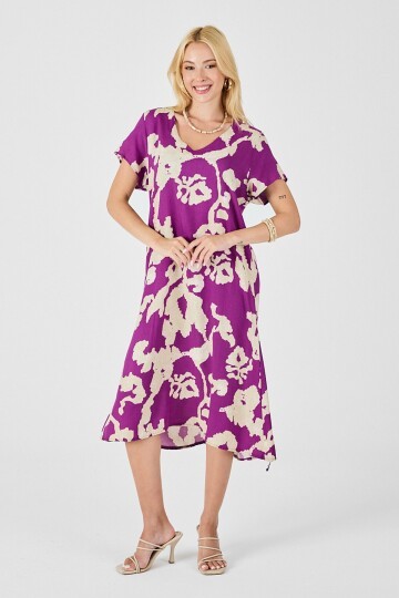 Mor Derin V Yaka Yırtmaçlı Desenli Midi Boy Elbise