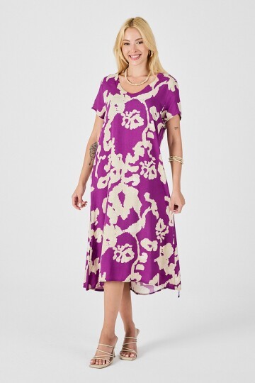 Mor Derin V Yaka Yırtmaçlı Desenli Midi Boy Elbise