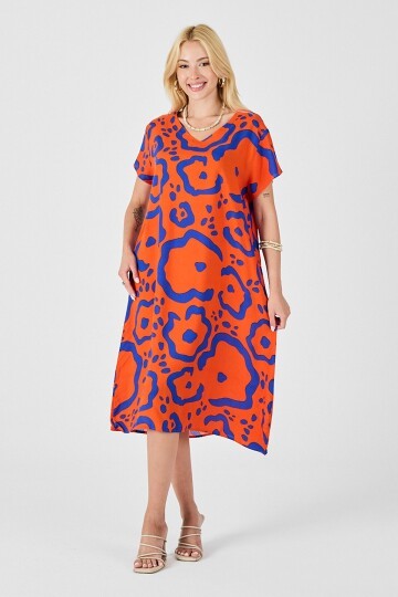 Turuncu Desenli Derin V Yaka Midi Boy Elbise