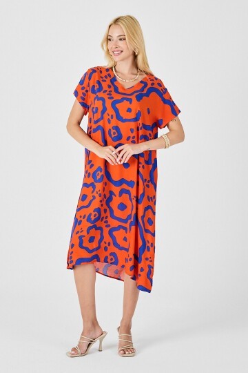 Turuncu Desenli Derin V Yaka Midi Boy Elbise