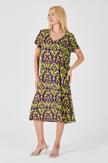 Mor Desenli V Yaka Midi Boy Elbise