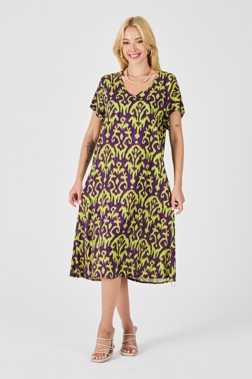 Mor Desenli V Yaka Midi Boy Elbise