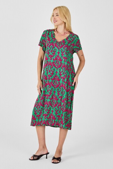 Yeşil-Fuşya Desenli V Yaka Midi Boy Elbise