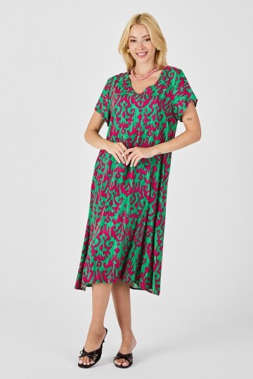 Yeşil-Fuşya Desenli V Yaka Midi Boy Elbise