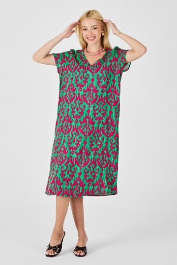 Yeşil-Fuşya Desenli V Yaka Midi Boy Elbise