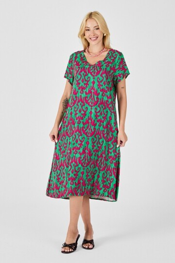 Yeşil-Fuşya Desenli V Yaka Midi Boy Elbise