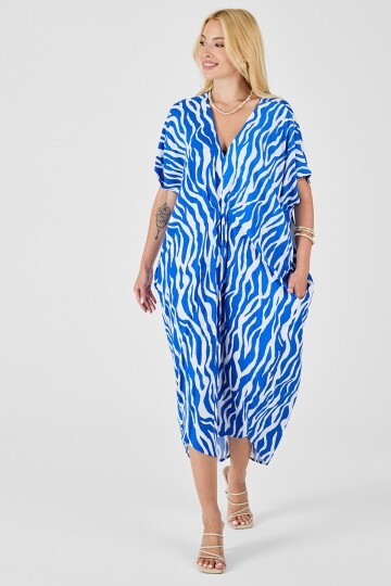 Mavi Desenli V Yaka Salaş Kesim Kaftan Elbise