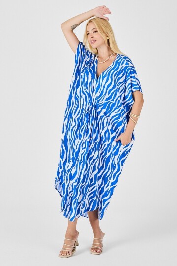 Mavi Desenli V Yaka Salaş Kesim Kaftan Elbise