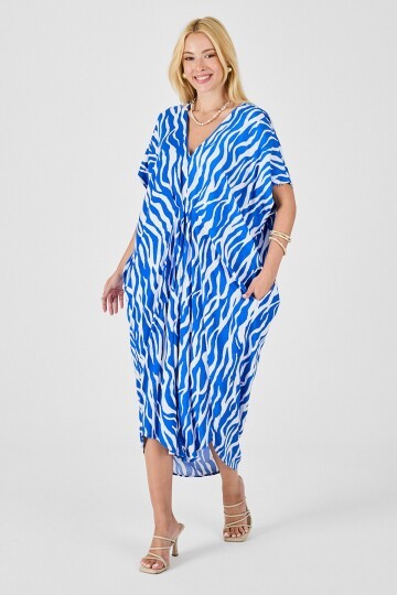 Mavi Desenli V Yaka Salaş Kesim Kaftan Elbise
