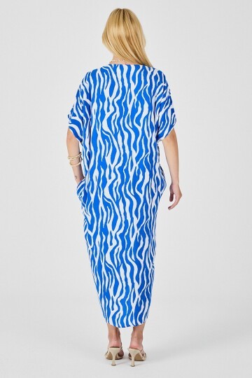 Mavi Desenli V Yaka Salaş Kesim Kaftan Elbise