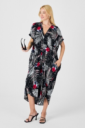 Siyah-Beyaz Desenli V Yaka Salaş Kesim Kaftan Elbise