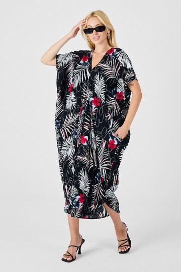 Siyah-Beyaz Desenli V Yaka Salaş Kesim Kaftan Elbise