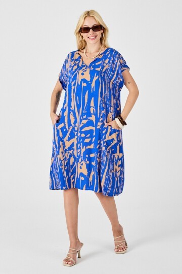 Mavi Desenli V Yaka Yarasa Kol Oversize Midi Elbise