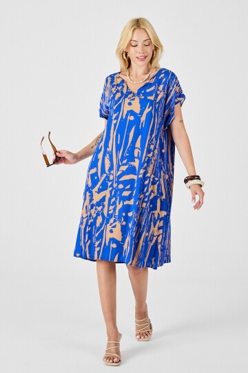 Mavi Desenli V Yaka Yarasa Kol Oversize Midi Elbise