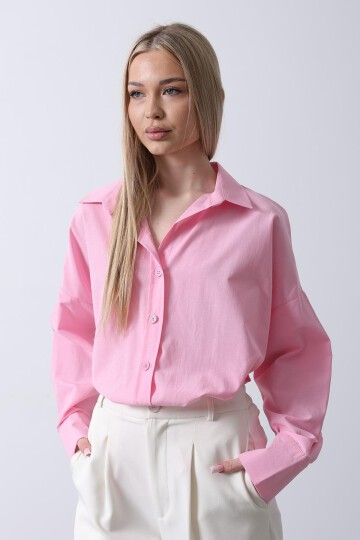 Şeker Pembe Geniş Manşet Detaylı Oversize Gömlek