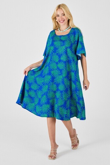 Saks Geniş Yaka Desenli Midi Boy Elbise