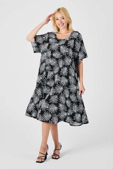 Siyah Geniş Yaka Desenli Midi Boy Elbise