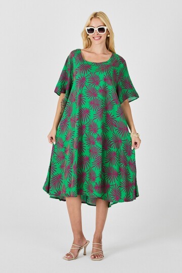 Yeşil Geniş Yaka Desenli Midi Boy Elbise