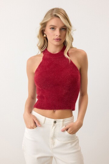 Halter Yaka Tüylü Triko Crop Top