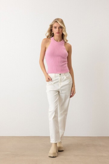 Halter Yaka Tüylü Triko Crop Top