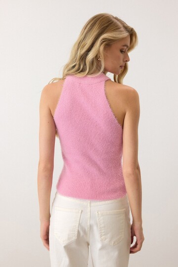 Halter Yaka Tüylü Triko Crop Top