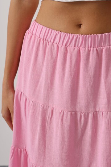 Şeker Pembe Astarlı Beli Lastikli Kat Kat Pileli Keten Etek