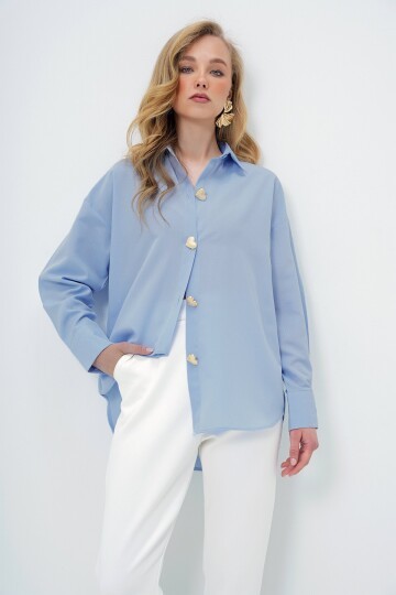 Mavi Kalp Düğmeli Oversize Poplin Gömlek