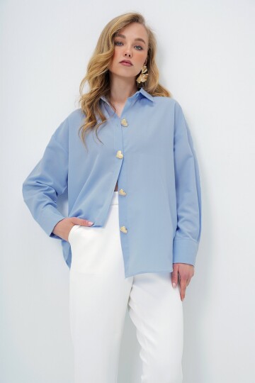 Mavi Kalp Düğmeli Oversize Poplin Gömlek