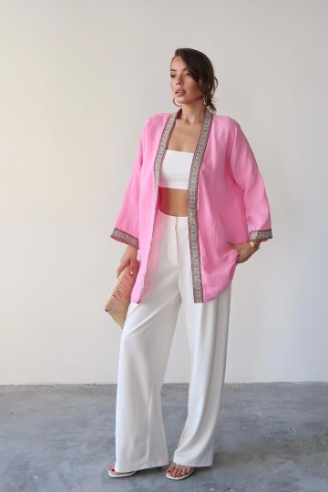 Nakış Detaylı Keten Kimono