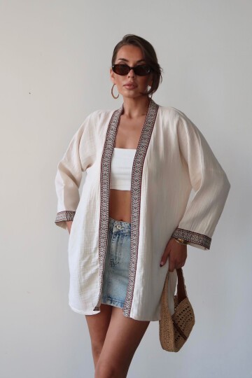 Nakış Detaylı Keten Kimono