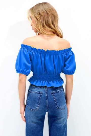 Önü Büzgü Bağlamalı Balon Kol Crop Bluz