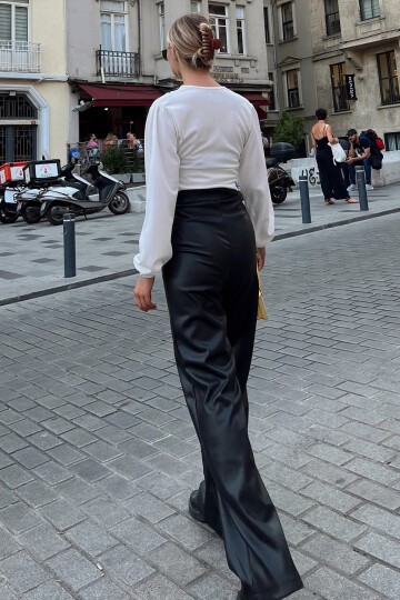 Önü Dikişli Çift Cepli Suni Deri Palazzo Pantolon