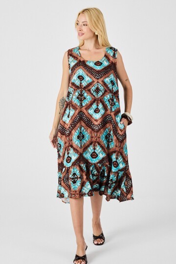 Mix Oval Yaka Çift Cepli Volanlı Kolsuz Midi Elbise