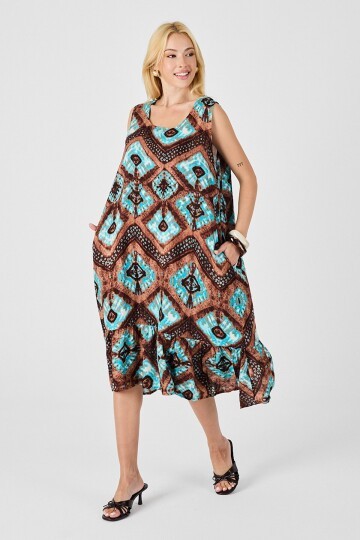 Mix Oval Yaka Çift Cepli Volanlı Kolsuz Midi Elbise