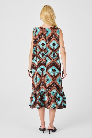 Mix Oval Yaka Çift Cepli Volanlı Kolsuz Midi Elbise