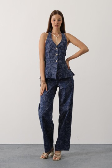 Lacivert Desenli Yelek Ve Pantolon Denim Takım
