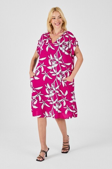Fuşya Tropik Desenli V Yaka Oversize Midi Elbise