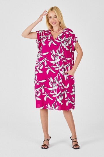 Fuşya Tropik Desenli V Yaka Oversize Midi Elbise
