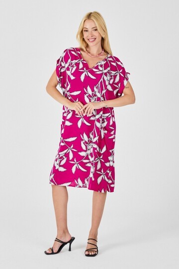 Fuşya Tropik Desenli V Yaka Oversize Midi Elbise