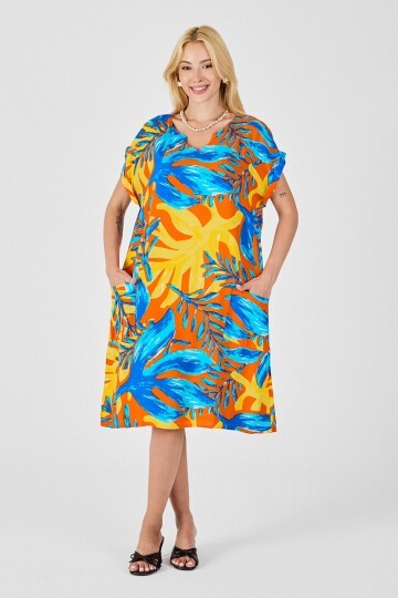 Mavi-Sarı Tropik Desenli V Yaka Rahat Kesim Elbise